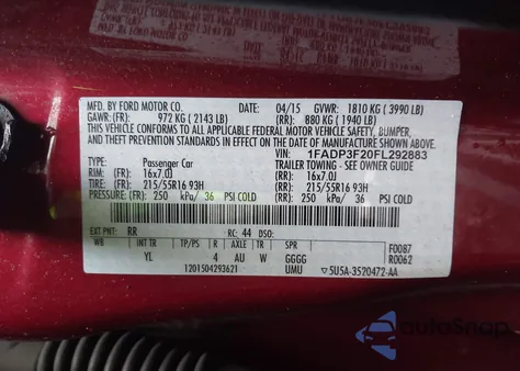 2015 Ford Focus Se from USA, damaged, VIN 1FADP3F20FL292883
